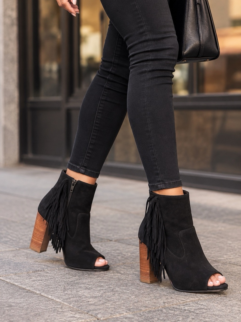 INCI Black Suede Fringe Peep Toe Ankle Boots Block Heel Size 38